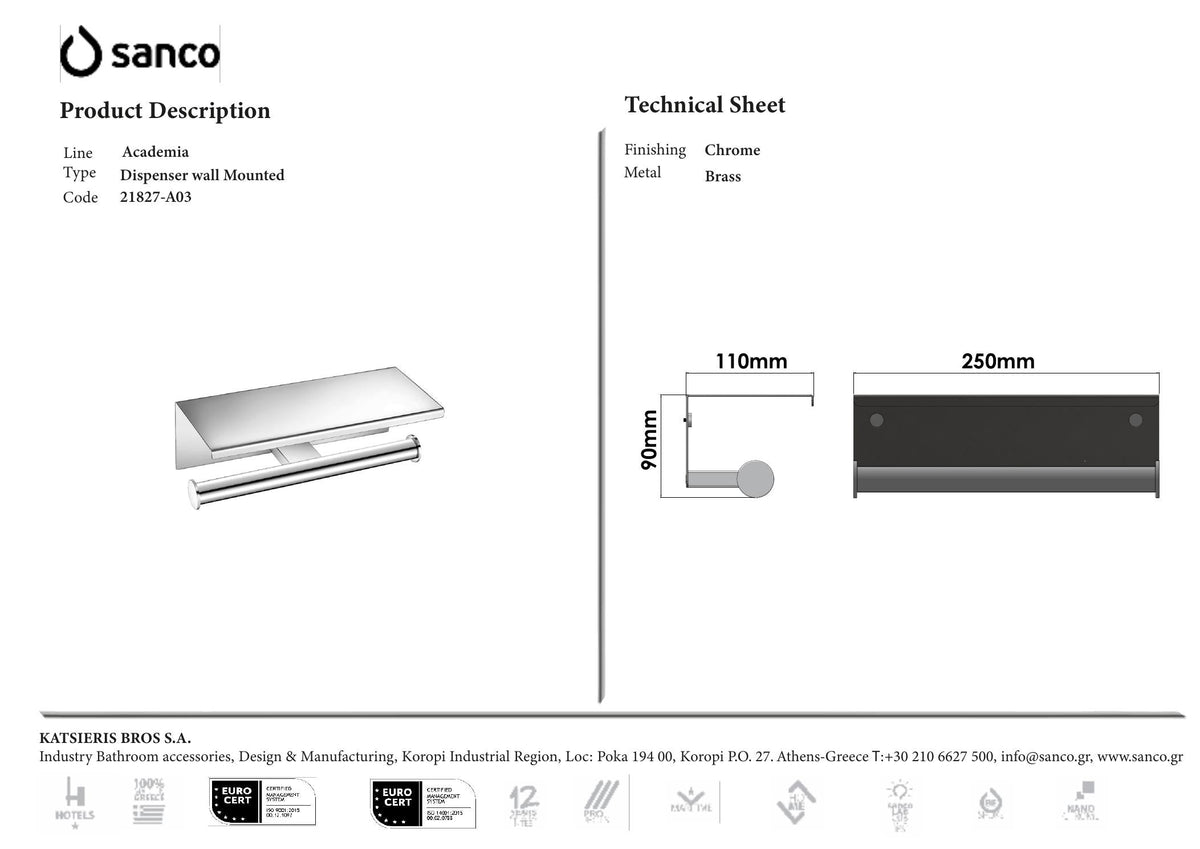 SANCO Academia Double Toilet Roll Holder with cover Chrome technical drawing and dimensions