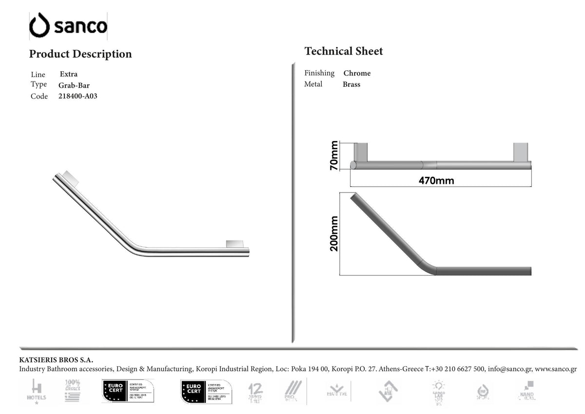 SANCO Academia Grab-Bar Chrome technical drawing and dimensions