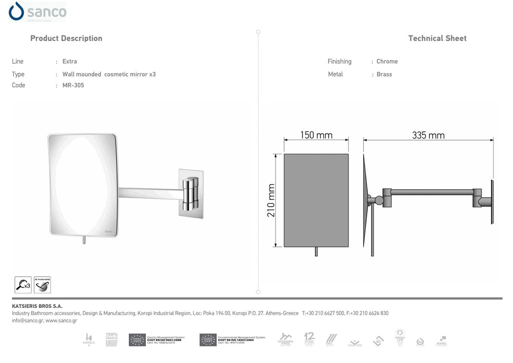 SANCO Wall Mounted Magnifying Mirror x4 Chrome technical drawing and dimensions