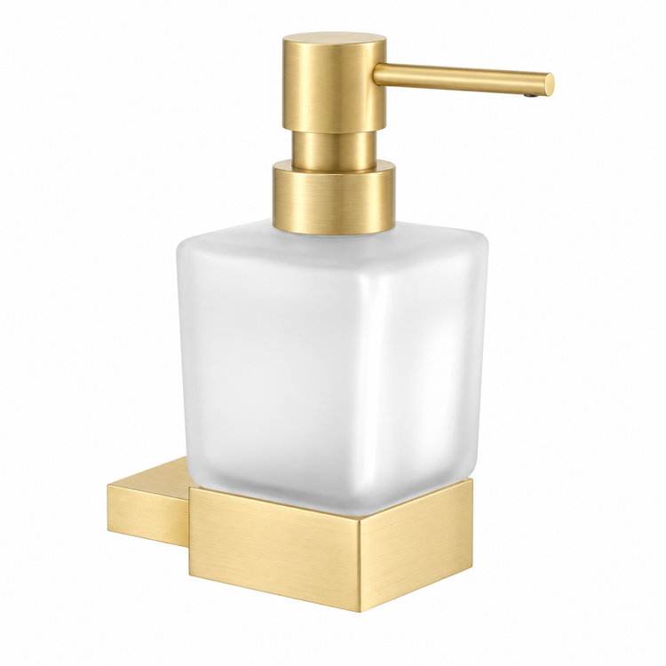 SANCO Monogram wall-mounted soap dispenser in brushed brass with frosted glass reservoir