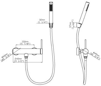 SKY PRIME Shower Mixer Set with Hand Shower, Hook and Hose – Satin — technical drawing