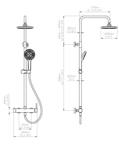 SKY COOL Rainshower System with Shower Mixer and 250 mm Head — technical drawing