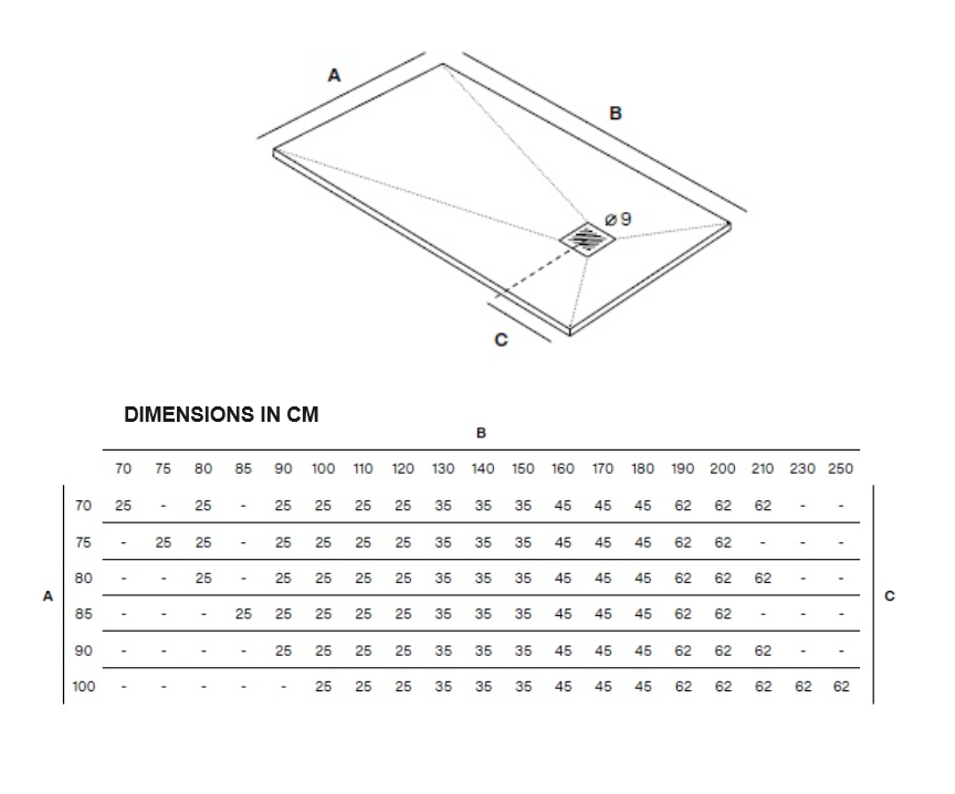 Slate shower tray technical dimensions