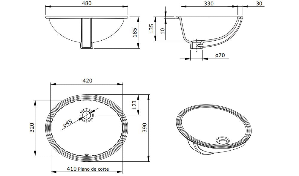 SIMPLE UNDER COUNTER BASIN 480x330x135MM