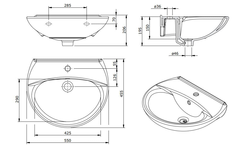 (103300 & 103200) AVEIRO WALL HUNG BASIN WITH PEDESTAL 550x455x150MM