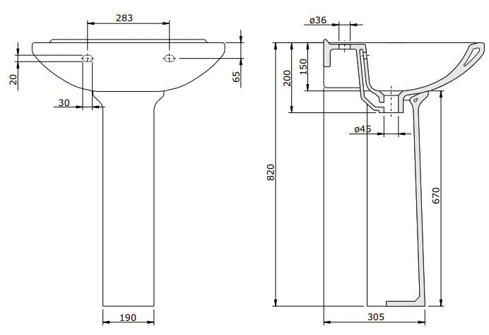 (103310 & 103200) AVEIRO WALL HUNG BASIN WITH PEDESTAL 595x505x150MM