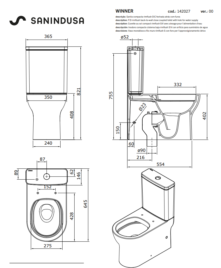 (142027) WINNER COMPLETE BACK TO WALL RIMFLUSH SET TOILET